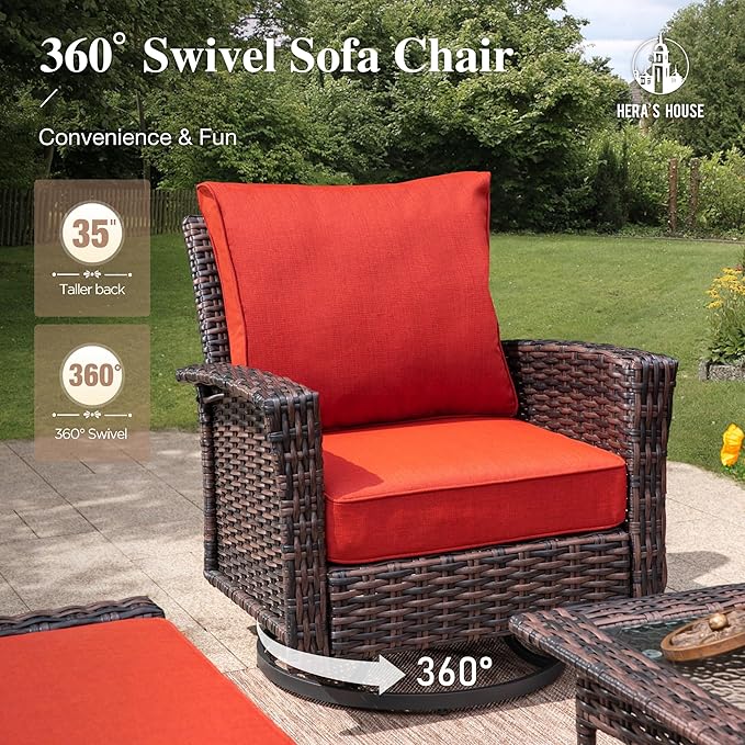 HERA'S HOUSE High Back Swivel Patio Furniture Set with 5.5" Thick Cushions, 5-Piece Oversized Outdoor Wicker Sectional Conversation Set with Ottomans for Garden Yard Porch, Red