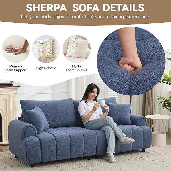 88 "Modern Boucle Sofa Couch, Oversized Comfy 3 Seater Sherpa Curved Sofas Deep Seat, Upholstered Loveseat Teddy Round Arm Couches for Living Room, Bedroom, Blue