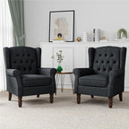 High Back Accent Chairs Set of 2, High Wingback Chair for Living Room, Button-Tufted Upholstered Fabric Armchair with Solid Wood Legs, Comfy Single Sofa Reading Chair for Bedroom, Dark Navy