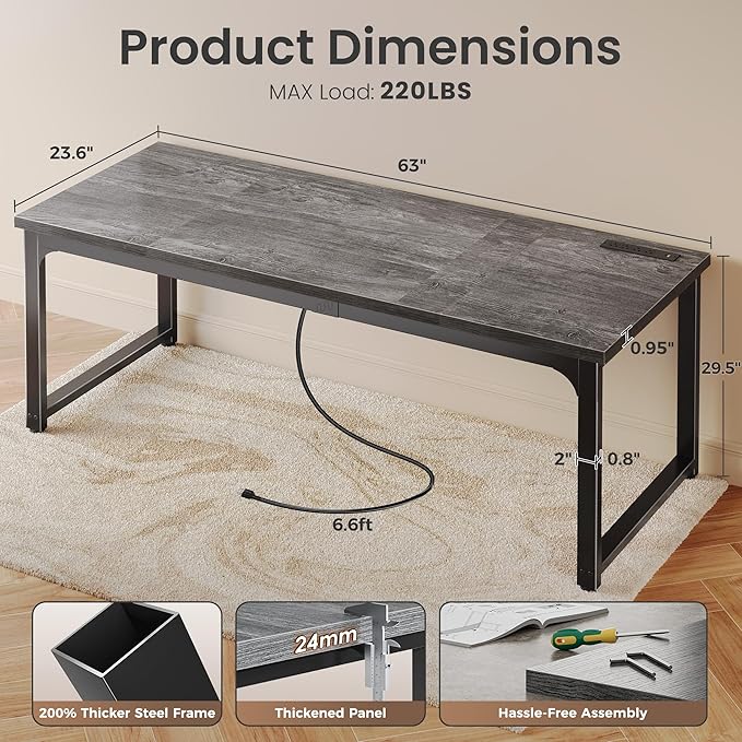 Huuger 63 x 24 inch Desk with Power Outlets & USB-C, Deeper & Thicker Desktop, Robust Metal Tubes, Computer Desk, Heavy Duty Office Desk, Work Gaming Desk, for Home Office, Grey
