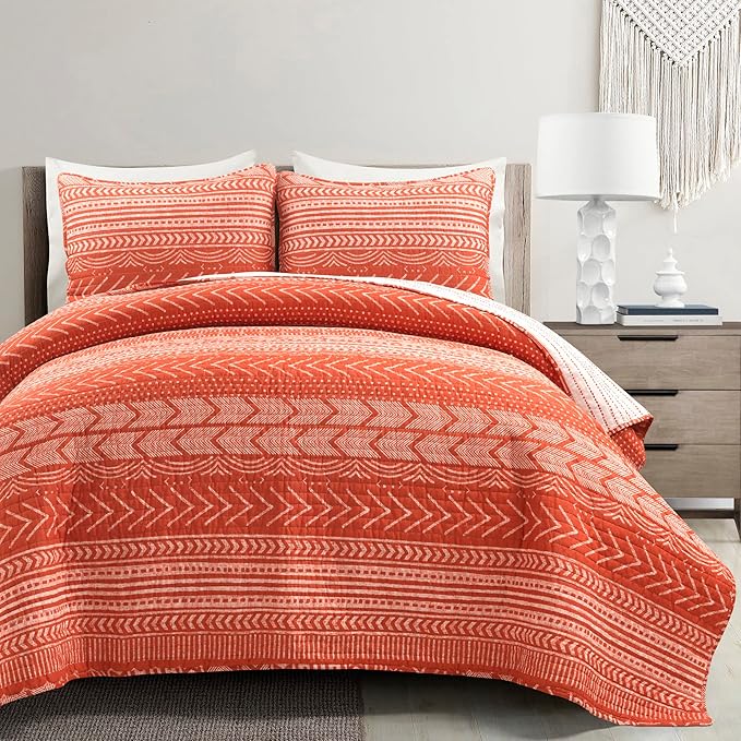 Lush Decor Hygge Geo Pattern Striped 3 Piece Quilt Bedding Set, Full/Queen, Burnt Orange