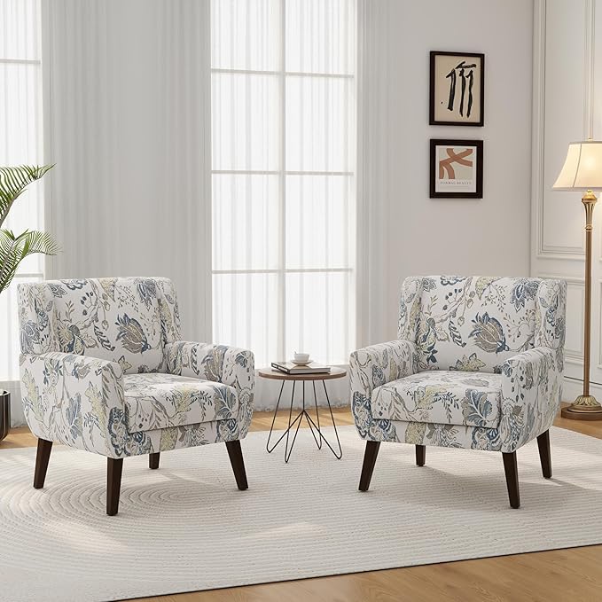 Accent Chair, Modern Linen Blend Arm Chair for Living Room, Bedroom, Comfy High-Resilient Sponge Reading Chair for Small Spaces (Pattern Leaf, Set of 2)