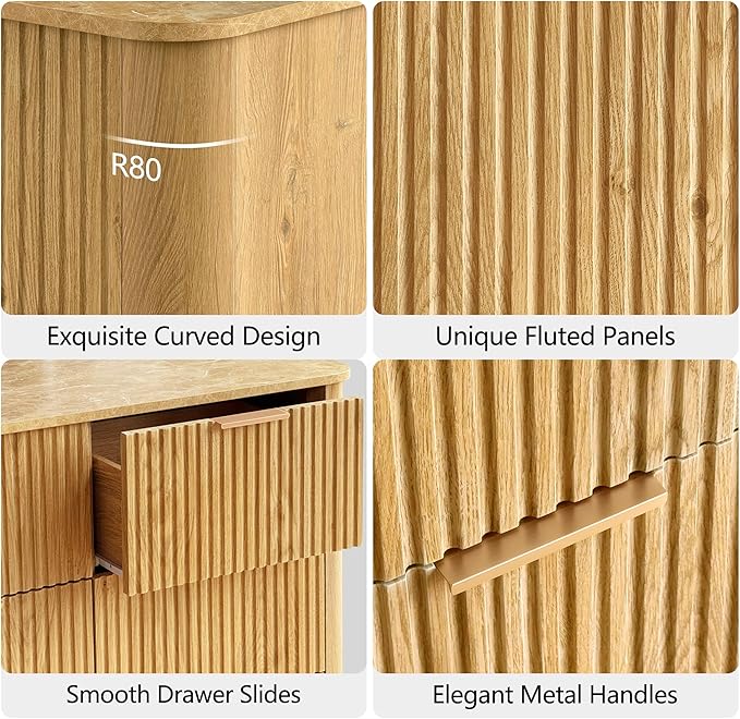 win2win 6 Drawer Dresser, Mid Century Modern Dresser with Storage, 47" Wide Fluted Chest of Drawers with Faux Marble Top, Dressers TV Stand, Drawers Organizer for Bedroom, Living Room, Hallway, Oak