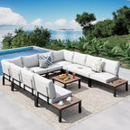 PHI VILLA 9 Pieces Outdoor Patio Furniture Set,Metal Frame Modern Outdoor Sectional Sofa Set,10 Seats Patio Conversation Sets with Coffee Table&Thickened Cushion,for Poolside and Backyard,Light Grey