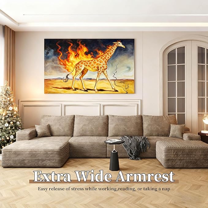 135.4" Large Cloud Modular Sectional Couch with Ottoman, Minimalist Upholstered Couches, Comfort U Shaped Sofa for Living Room,Deep Seat Corner Couch，No Assembly Required (Camel,Left Facing Chaise)