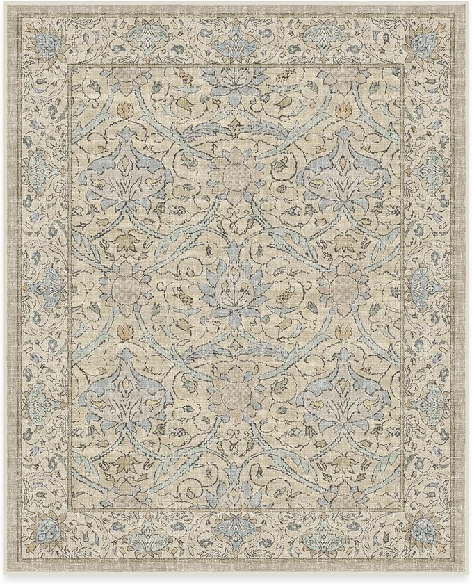 RUGGABLE x Morris & Co Washable Area Rug – Montreal Natural Blue 8x10, Stain-Resistant, Non-Slip – Large Machine Washable Rugs for Living Room, Bedroom, Hallway, Entryway & Office–with Standard Pad