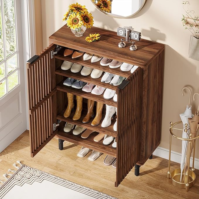 Tribesigns Shoe Cabinet with Shutter Doors, 6-Tier Entryway Shoe Cabinet with Adjustable Shelves, Wooden Modern Rack Organizer for Entryway, Hallway, Closet, Living Room, Walnut