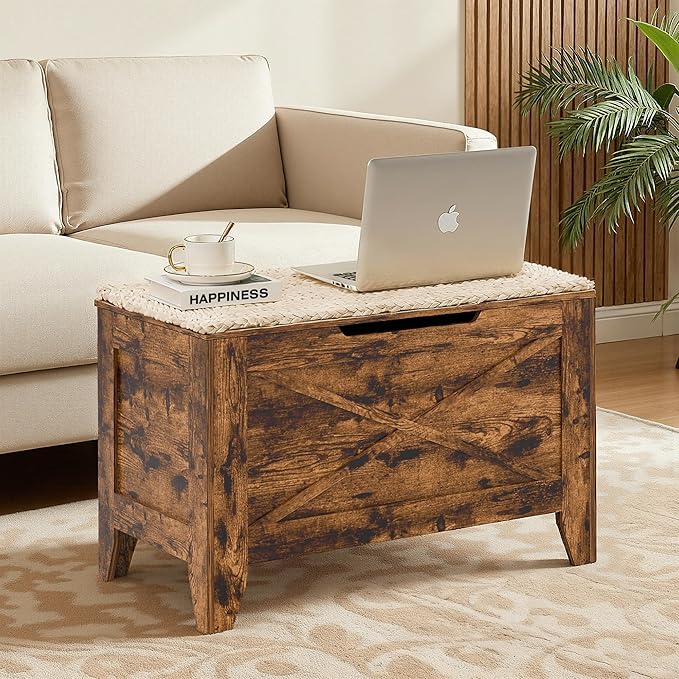 VECELO 30" Storage Bench, Entryway Shoe Ottoman, Farmhouse Style Bench with Handwoven Cushion and Metal Safety Hinges, for Bedroom, Living Room, Entryway, Brown