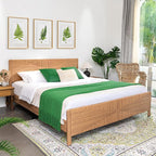 Yechen Hand-Woven PE Rattan King Bed Frame with Headboard and Footboard, Boho Mid Century Modern Bedframe with Vintage Pattern, Wicker Bed with Metal Frame and Slats, No Box Spring Needed, 1000lbs