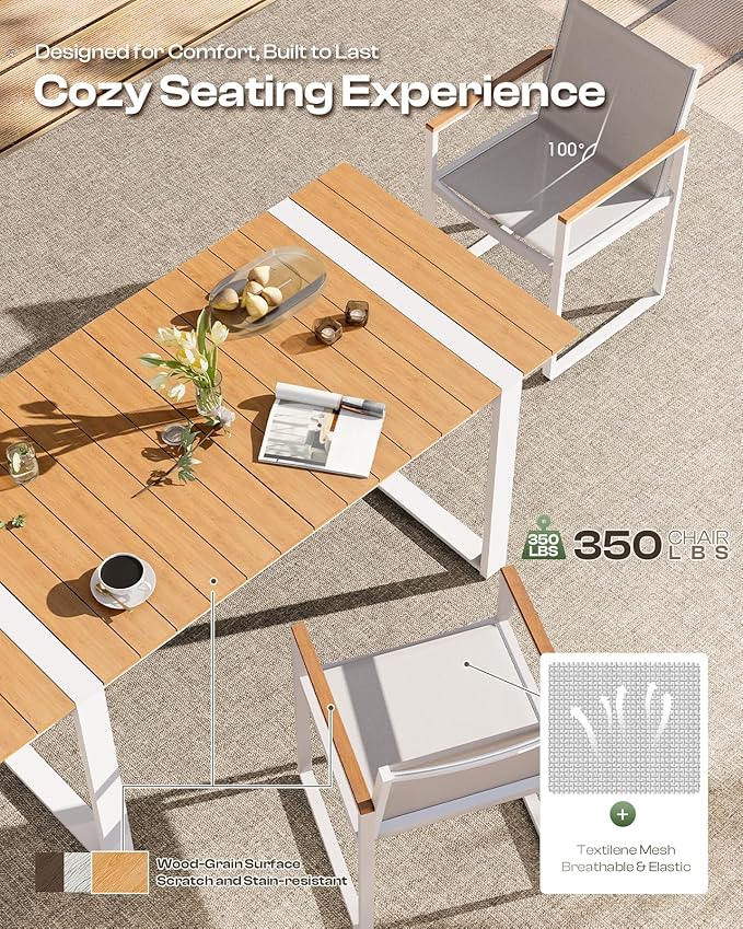 Outdoor Dining Set, Patio Table and Chairs Set, 7 Piece HDPS + Aluminum Patio Furniture Set with Umbrella Hole, Patio Dining Table Set (White-Teak)