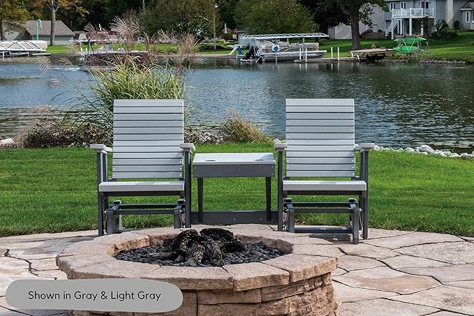 DutchCrafters Modern Horizontal Slat High Back Poly Double Glider Chairs with Center Table Outdoor Patio Furniture (Black & Light Gray)