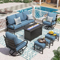 PHI VILLA Patio Furniture Set with FirePit Table, Outdoor Furniture with 1 x 3-Seat Deep Seating Bench, 2 x Swivel Sofa Chairs & 2 Ottomans, 5.75" Cushioned Outdoor Conversation Set for 5, Navy Blue