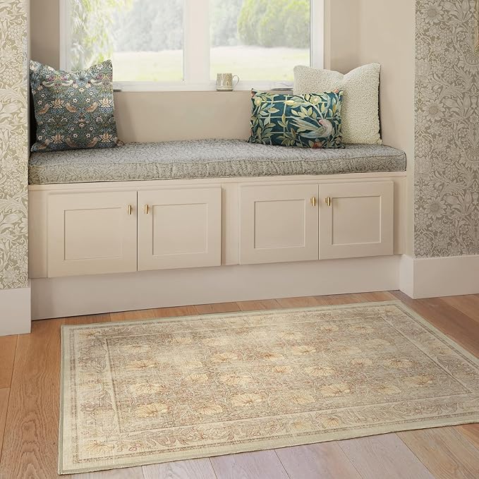 RUGGABLE x Morris & Co Washable Area Rug – Pimpernel Vintage Stone 4x6, Stain-Resistant, Non-Slip – Medium Machine Washable Rugs for Living Room, Bedroom, Hallway, Entryway & Office–with Standard Pad