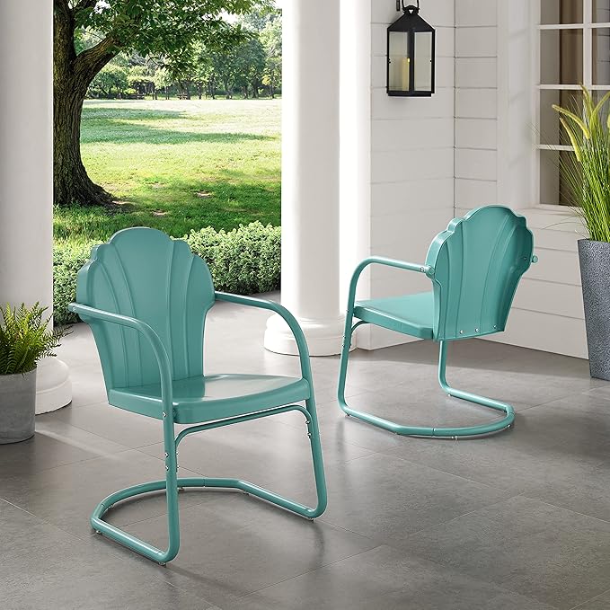 Crosley Furniture Tulip 2-Piece Outdoor Chair Set, Retro Metal Patio Chairs for Dining, Porch, Deck, Balcony, Pastel Blue Satin