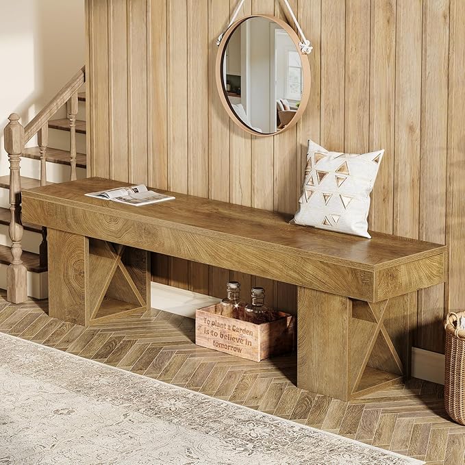 Tribesigns 55" Extra Long Entryway Bench, Farmhouse Wooden Entry Shoe Bench Seat, Indoor End of Bed Stool for Hallway, Bedroom, Living Room, Brown