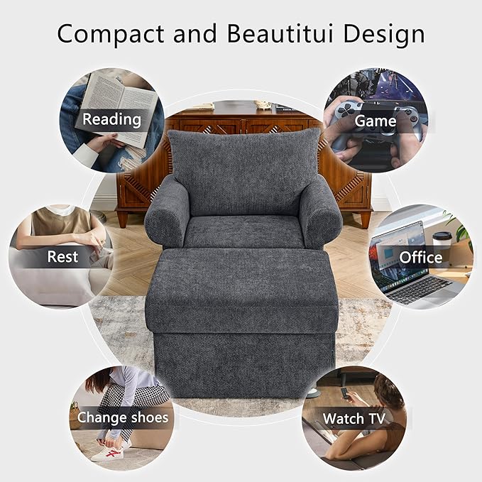 35.82" Accent Chair with Ottoman Upholstered Living Room Chairs for Reading Chair with Chaise Lounge Chairs Indoor, Comfortable Armchair for Bedroom (Gray, 35.82")