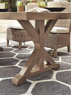 Signature Design by Ashley Beachcroft Modern Farmhouse Outdoor Rectangular Dining Table with Porcelain Table Top, Seats 6 to 8, Umbrella Hole with Cap, Beige