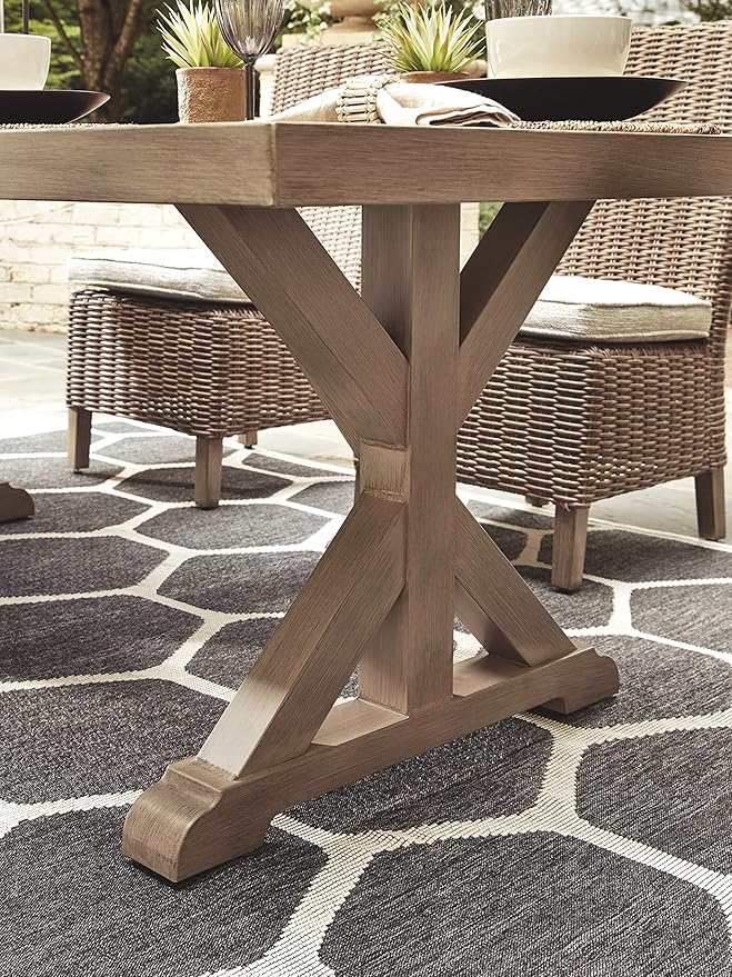 Signature Design by Ashley Beachcroft Modern Farmhouse Outdoor Rectangular Dining Table with Porcelain Table Top, Seats 6 to 8, Umbrella Hole with Cap, Beige