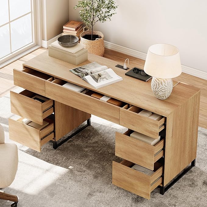WAMPAT 59" Modern Executive Desk with Drawers, Wood Computer Writing Desk with Charging Station, Office Desk with File Drawer, Study Table for Bedroom, Living Room, Home Office, Oak