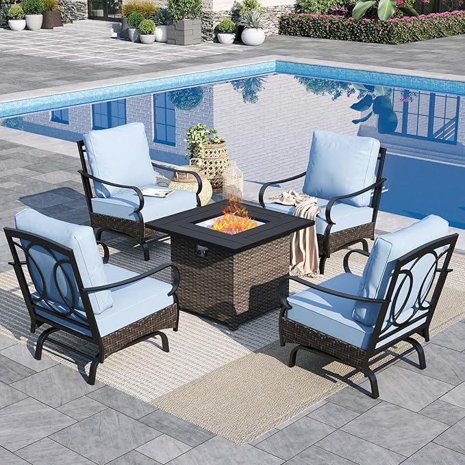 Sophia & William Patio Furniture Set with Fire Pit Table, 5 PCS Metal Outdoor Conversation Set Sofa Couch with Fire Pit Table, 4 Sofa Chairs for Outdoor Seating,Backyard,Porch(Blue)