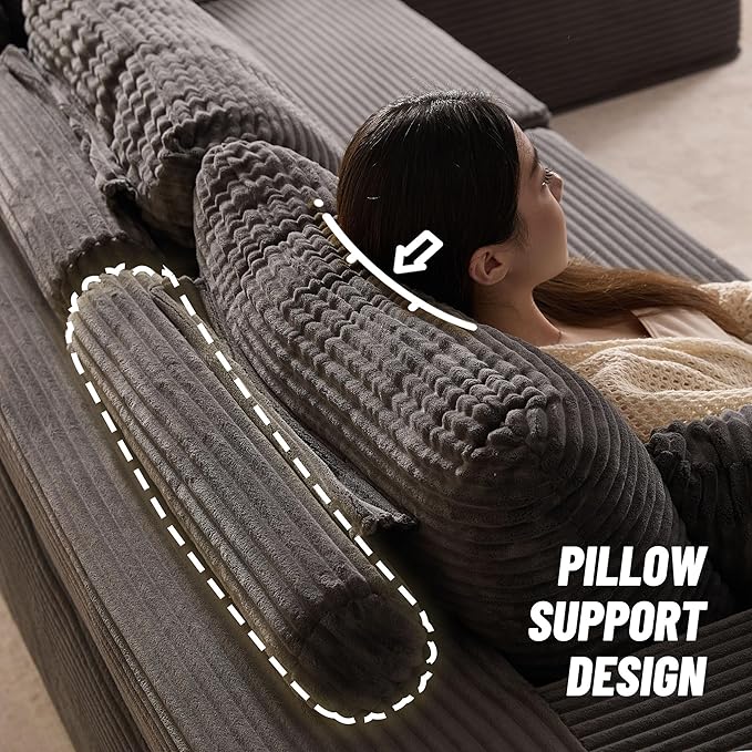 107" Boneless Couch with Deep Seat, Modular Sectional Sofa, Cloud Sectional Couch for Living Room, No Assembly Required, Corduroy, L-Shape Right，Grey