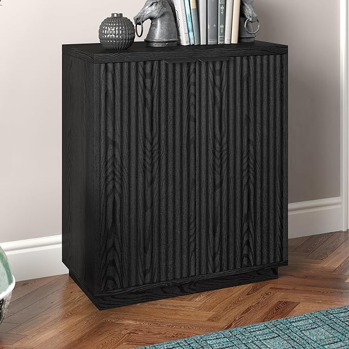 Henn&Hart 28" Fluted Wooden Accent Cabinet, Modern Ribbed Sideboard Buffet Cabinet with 2 Doors and an Adjustable Shelf for Living Room, Dining Room, Bedroom or Entryway, Black Grain
