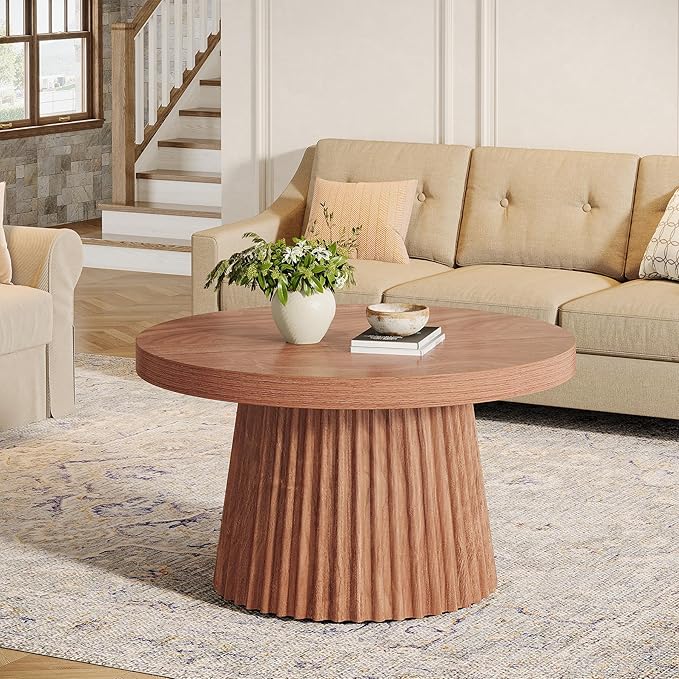 Tribesigns Coffee Table, 31.5" Small Farmhouse Round Coffee Tables with Fluted Drum Base, Mid Century Modern Farmhouse Accent Center Table for Living Room, Apartment, Small Space, Walnut