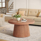 Tribesigns Coffee Table, 31.5" Small Farmhouse Round Coffee Tables with Fluted Drum Base, Mid Century Modern Farmhouse Accent Center Table for Living Room, Apartment, Small Space, Walnut