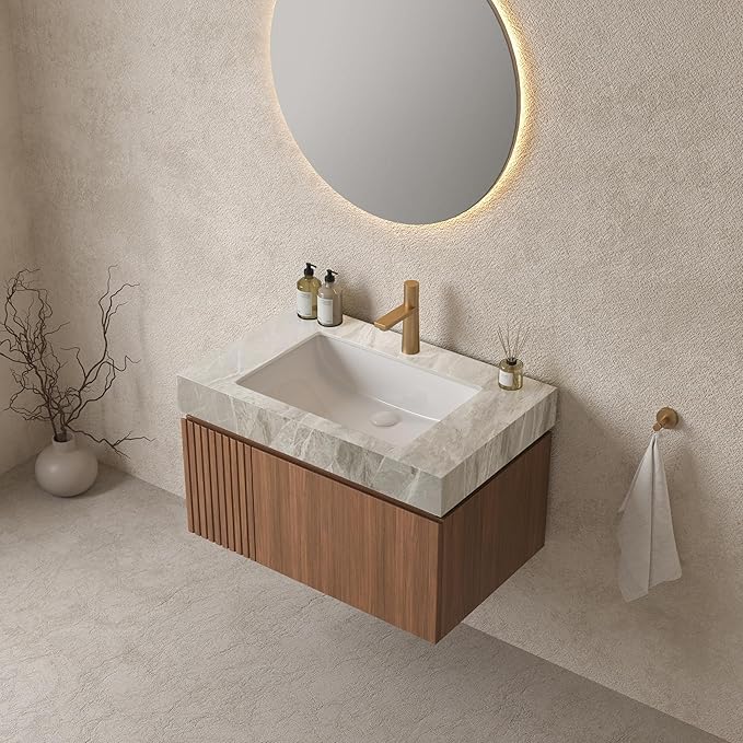 Bathroom Vanity with Sink 30 Inch, Floating Bathroom Vanity Sink Cabinet with Drawer and Door, Undermount Sink & Light Gray Sintered Stone Top, Pre-Assembled, Espresso