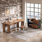 Tribesigns 63‘’ L-Shaped Executive Desk, Office Table with 39.37-Inch Drawers Cabinet, Large Computer Desk with Storage Shelves, Business Furniture Set for Home Office, Brown & Black