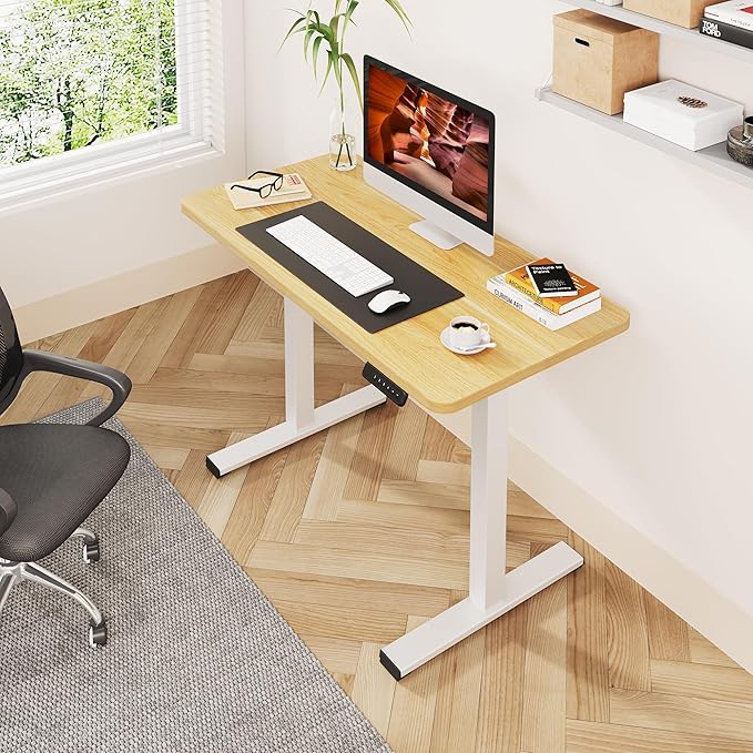 One-Piece Standing Desk 47 x 24 Inches, Small Adjustable Height Desk， Electric Sit Stand Desks Home Office Computer Workstation, Maple