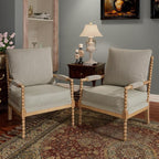 Morden Fort Linen Fabric Spindle Accent Chairs Set of 2, French Style Chairs with High Resilience Spring Cushion and Armrest Pads, Leisure Armchair for Living Room Bedroom Farmhouse Office Balcony