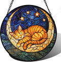 Stained Glass Window Hanging - Orange Moon Sleeping Cat Sun Catcher for Door Home Decor Blue Starry Sky Suncatcher Christmas Mother's Day Birthday Gifts for Women Men Mom Nana 7.8 in