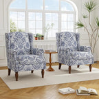Accent Chair Set of 2, Upholstered High Back Floral Armchair with Nailhead Trim & Wood Legs, Comfy Wingback Reading Single Sofa Chair for Small Spaces, Living Room, Bedroom-Navy Blue Floral