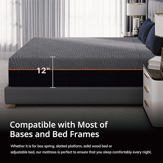 EGOHOME 12 Inch Cal King Memory Foam Mattress for Back Pain, Cooling Copper Gel Bed in a Box, Foam Made in USA, CertiPUR-US Certified, Therapeutic Medium Firm, 72x84x12 Black