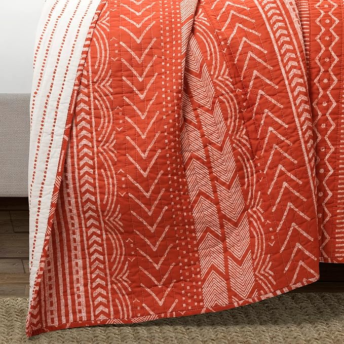 Lush Decor Hygge Geo Pattern Striped 3 Piece Quilt Bedding Set, Full/Queen, Burnt Orange