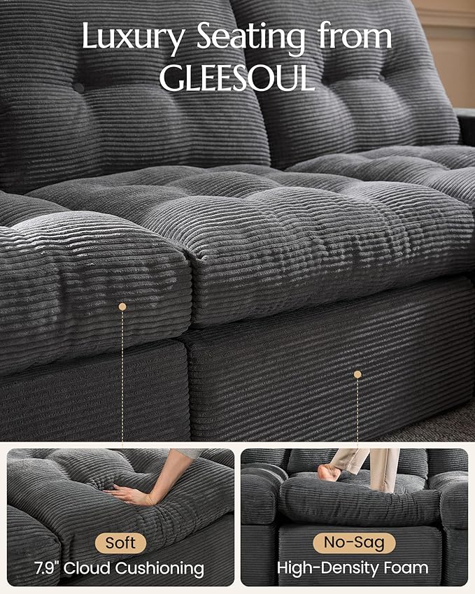 High Back Boneless Couch, L-Shaped Cloud Couch with Versatile 2-Pack Pillow Blankets, Corduroy Modular Sectional Sofa with Ottoman, No Assemble Sectional Couches for Living Room, Dark Grey