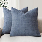 Foindtower Set of 2 Decorative Linen Check Throw Pillow Covers Neutral Farmhouse Vintage Cushion Covers Modern Coastal Boho Home Decor for Sofa Chair Couch Bedroom Living Room,20×20 Inch,Blue
