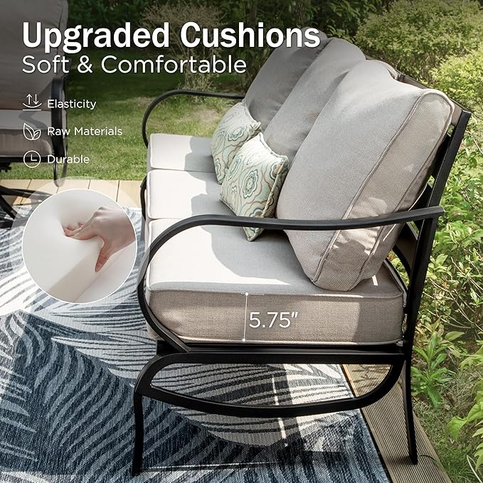 PHI VILLA 8 PCS Patio Furniture Set with 1 x 45 FirePit Table, 1 x 72 Sofa Bench, 4 x Armrest Sofa Chairs and 2 x Metal Cushioned Ottoman