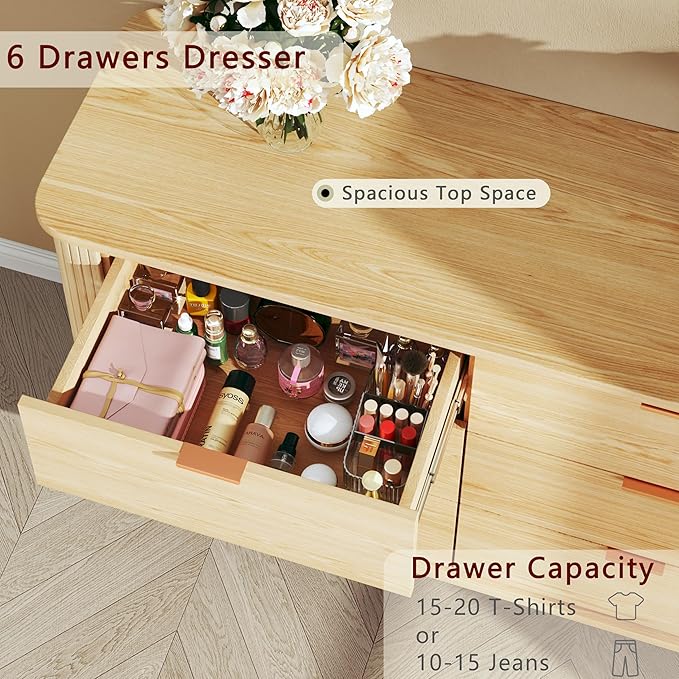 6 Drawers Dresser, Mid Century Modern Dresser for Bedroom, Curved Profile & Fluted Design, Wide Wood Chests of Drawers Storage for Entryway, Hallway, Oak