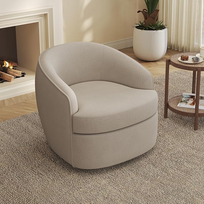 Leyu&Hafort Modern Beige Swivel Accent Chair with Removable Foam Seat Cushion, Linen Upholstered Comfty Sofa for Living Room and Bedroom Reading, FSC Certified Solid Wood Base. (Oatmeal)