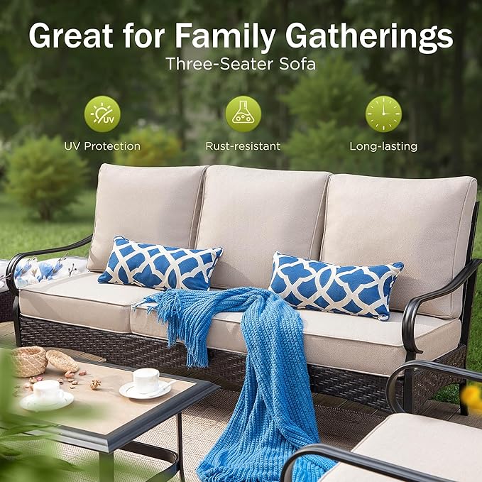 Patio Furniture Set with 56" Fire Pit Table, Premium Outdoor Wicker Metal Frame Furniture with Upgraded Waterproof Thick Cushions for Porch, Poolside, Deck, and Yard（4 Pieces,Beige