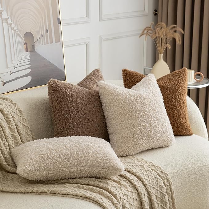 Pack of 2 Curly Teddy Wool Faux Fur Throw Pillow Covers Fuzzy Accent Soft Sherpa Pillowcases Sheepskin Fleece Decorative Cushion Case for Sofa Couch Living Room 24x24 Inch Neutral Light Beige