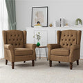 High Back Accent Chairs Set of 2, High Wingback Chair for Living Room, Button-Tufted Upholstered Fabric Armchair with Solid Wood Legs, Comfy Single Sofa Reading Chair for Bedroom, Brown