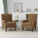 High Back Accent Chairs Set of 2, High Wingback Chair for Living Room, Button-Tufted Upholstered Fabric Armchair with Solid Wood Legs, Comfy Single Sofa Reading Chair for Bedroom, Brown