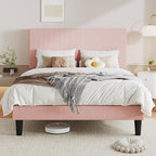 Allewie Full Size Upholstered Bed Frame with Vertical Channel Tufted Headboard, Soft Corduroy Fabric Platform Bed, Strong Wooden Slats Support, Easy Assembly, No Box Spring Needed, Light Pink