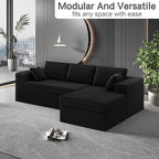 108-inch Boneless Couch for Living Room，Comfy Boneless Sofa with Deep Seats & Chaise Lounge, 3-Seat Modular Sofa Memory Foam Sectional Couches - No Assembly Required(Dark Black)