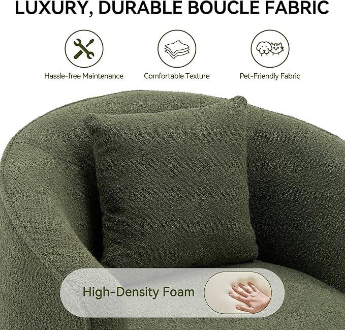 Swivel Accent Chair, Modern Upholstered Boucle Barrel Arm Chairs with Pillow for Living Room, 360 Degree Round Swivel Sherpa Armchair with Round Base for Bedroom Club (1, Green)
