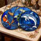 Stained Glass Window Hanging 4 Pcs Set Blue Ocean Turtle Dolphin Large 15" - Marine Life Suncatcher Garden Sun Catcher Decor Birthday Mother's Day for Mom Woman Nana Men