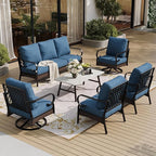 6 Piece Metal Outdoor Patio Furniture Set - 1 3-Seater Sofa, 2 Fixed & 2 Swivel Sofas with 5.75" Thick Cushion & Coffee Table - Black & Blue
